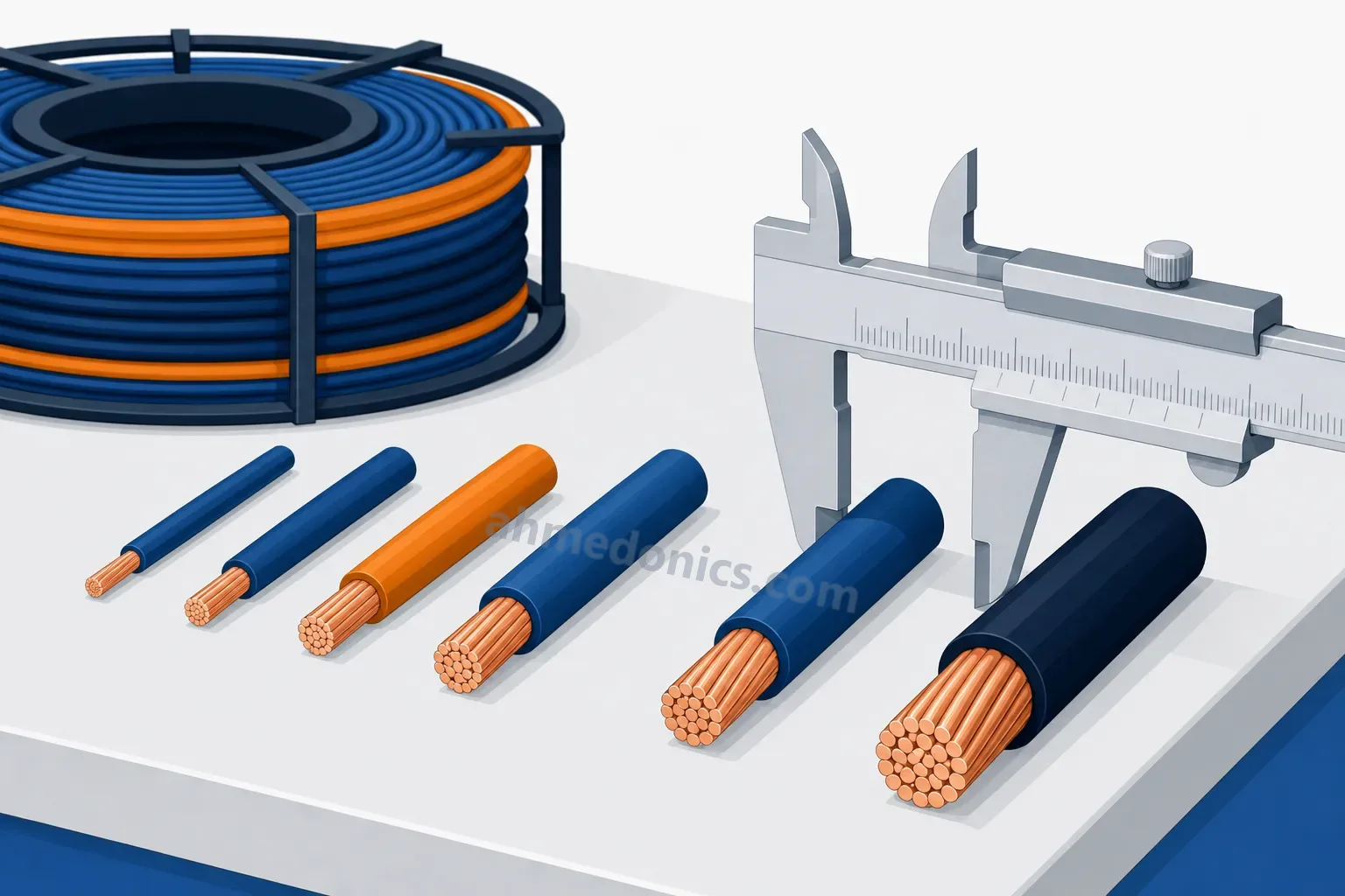 Illustration of a row of bare copper wire ends of increasing diameter on a workbench, with a vernier caliper measuring one of them and a reel of insulated wire behind