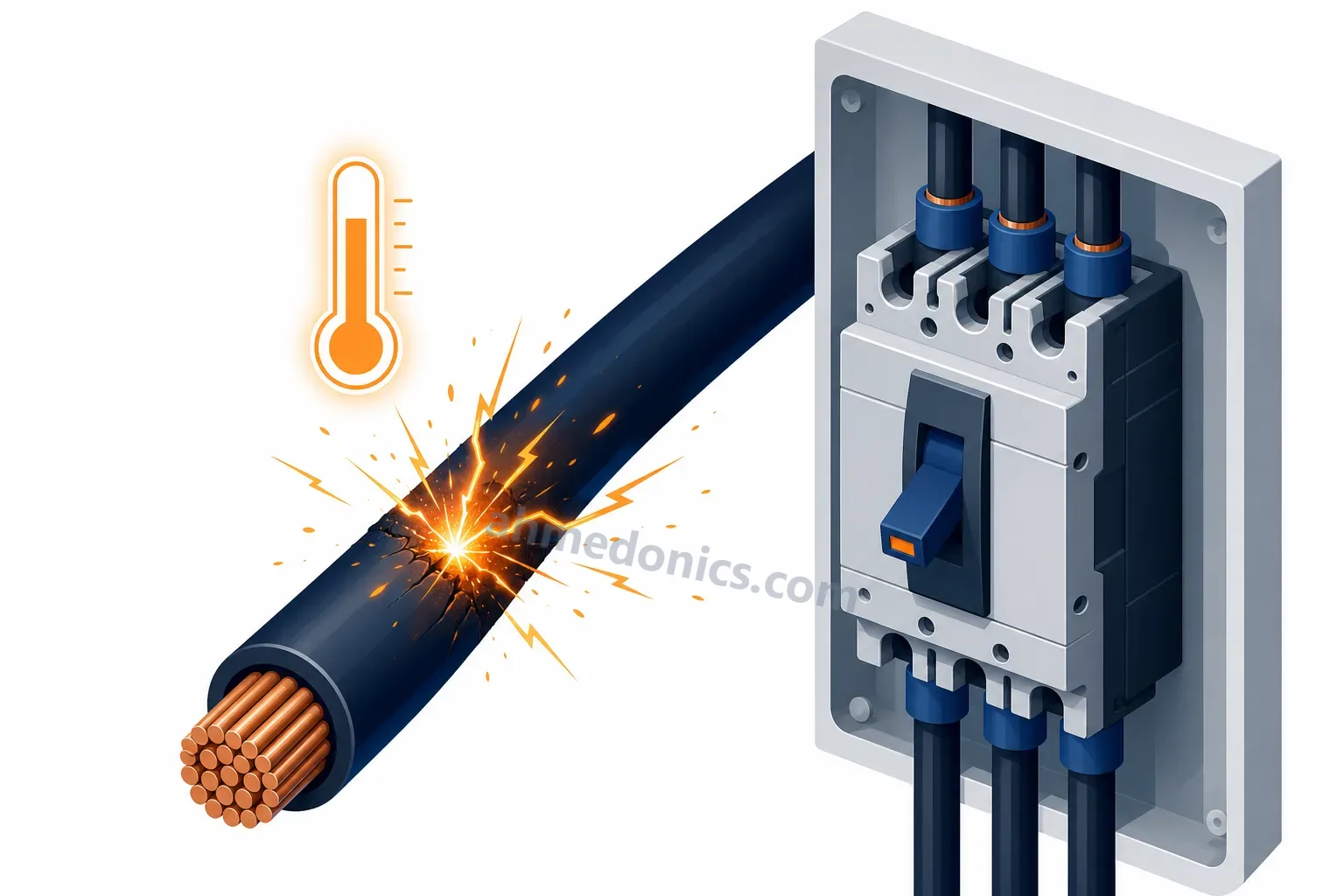 Illustration of a thick power cable with a cut end showing copper strands, a moulded-case circuit breaker beside it and a burst of sparks at a fault point on the cable