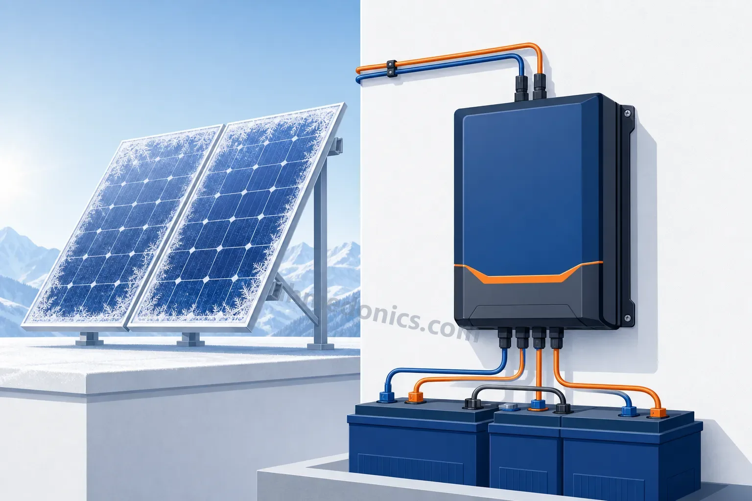 Illustration of a wall-mounted MPPT charge controller wired to a pair of solar panels above and a battery bank below, with frost on the panels under a cold morning sky