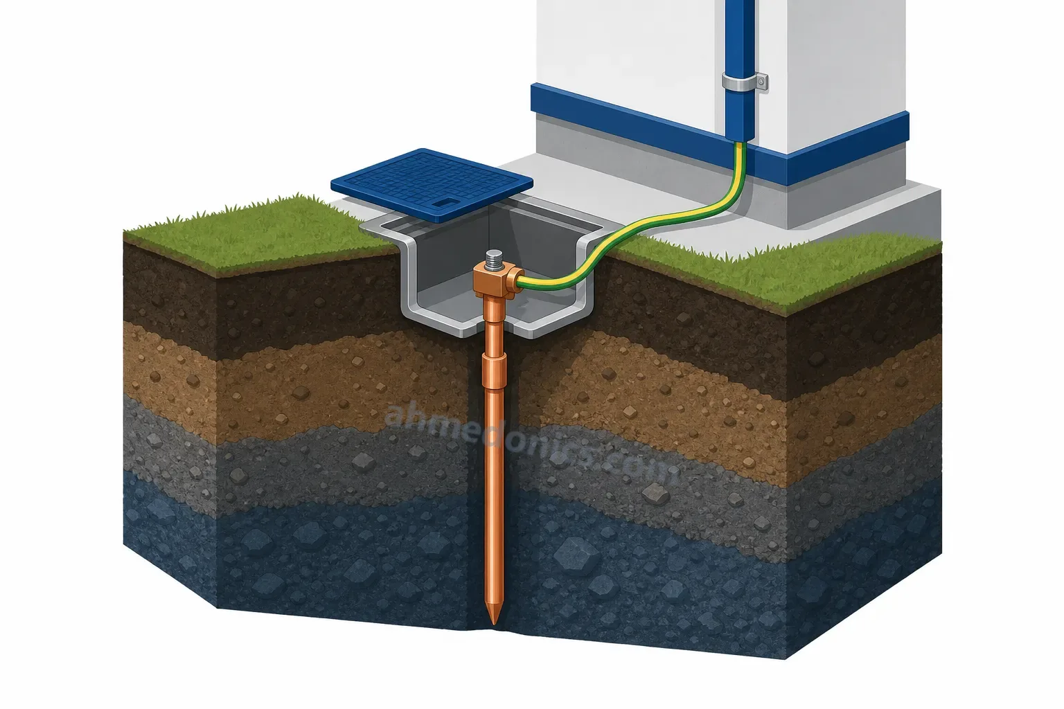 Cutaway illustration of a copper-bonded earth rod driven into layered soil, with an inspection pit at the surface and a green-and-yellow earthing conductor clamped to it