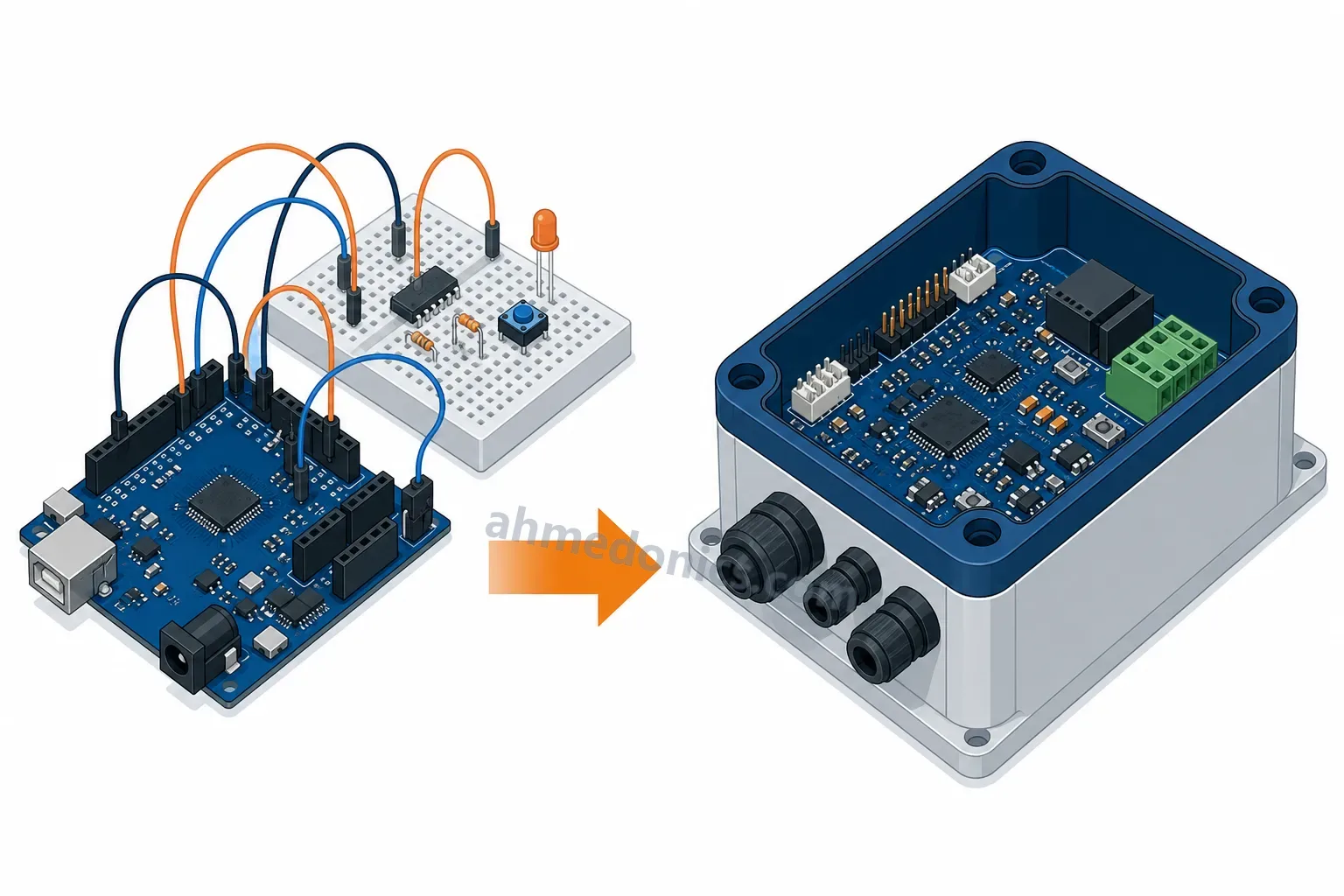 Illustration of a hobby development board with jumper wires and a breadboard beside a compact professionally designed circuit board inside an industrial enclosure with connectors
