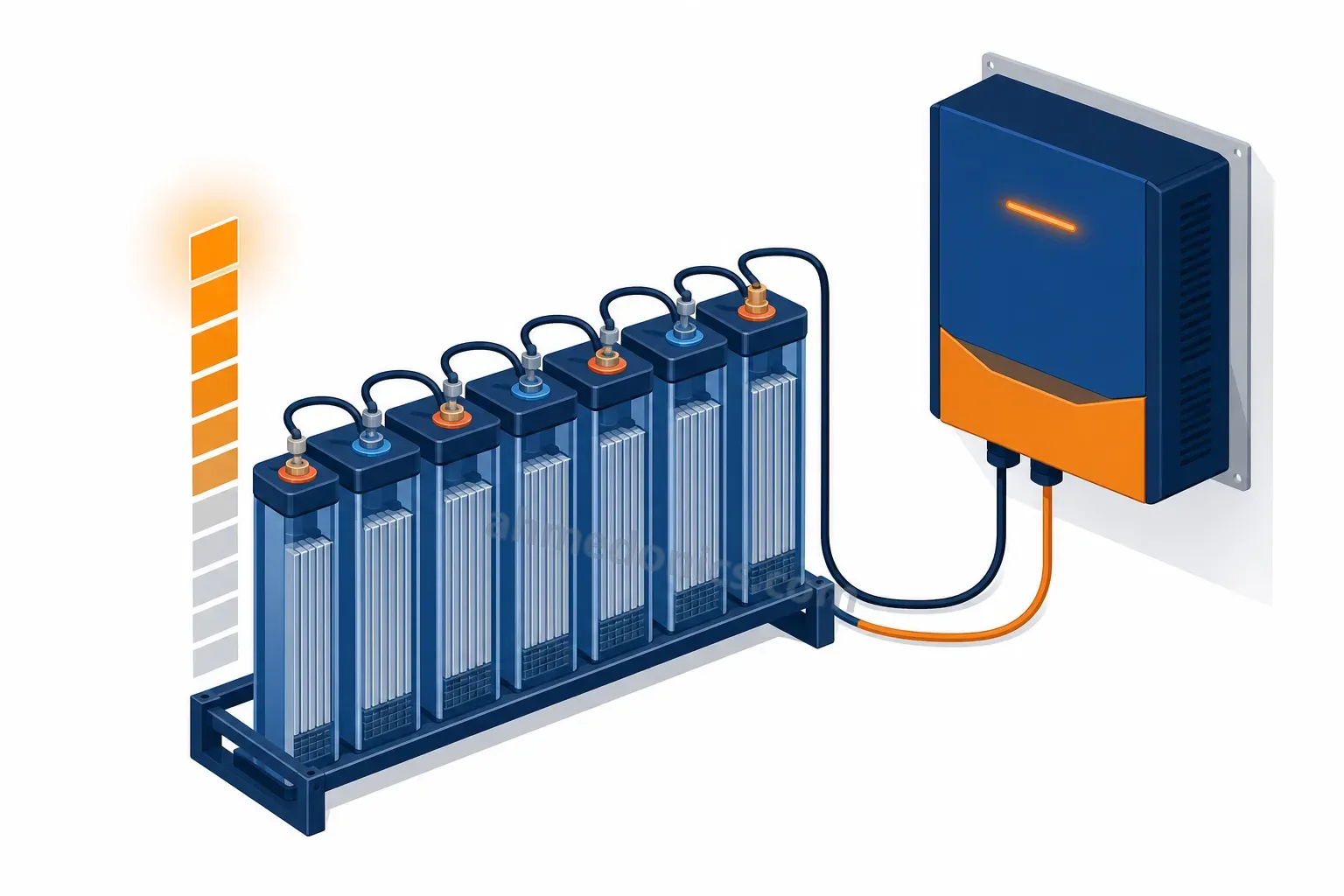 Illustration of a rack of tubular lead-acid batteries wired to a wall-mounted inverter-charger, with a bar showing the state of charge filling