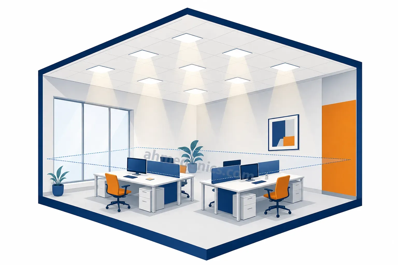 Cutaway illustration of an office with a grid of recessed LED panels in the ceiling lighting desks at working-plane height