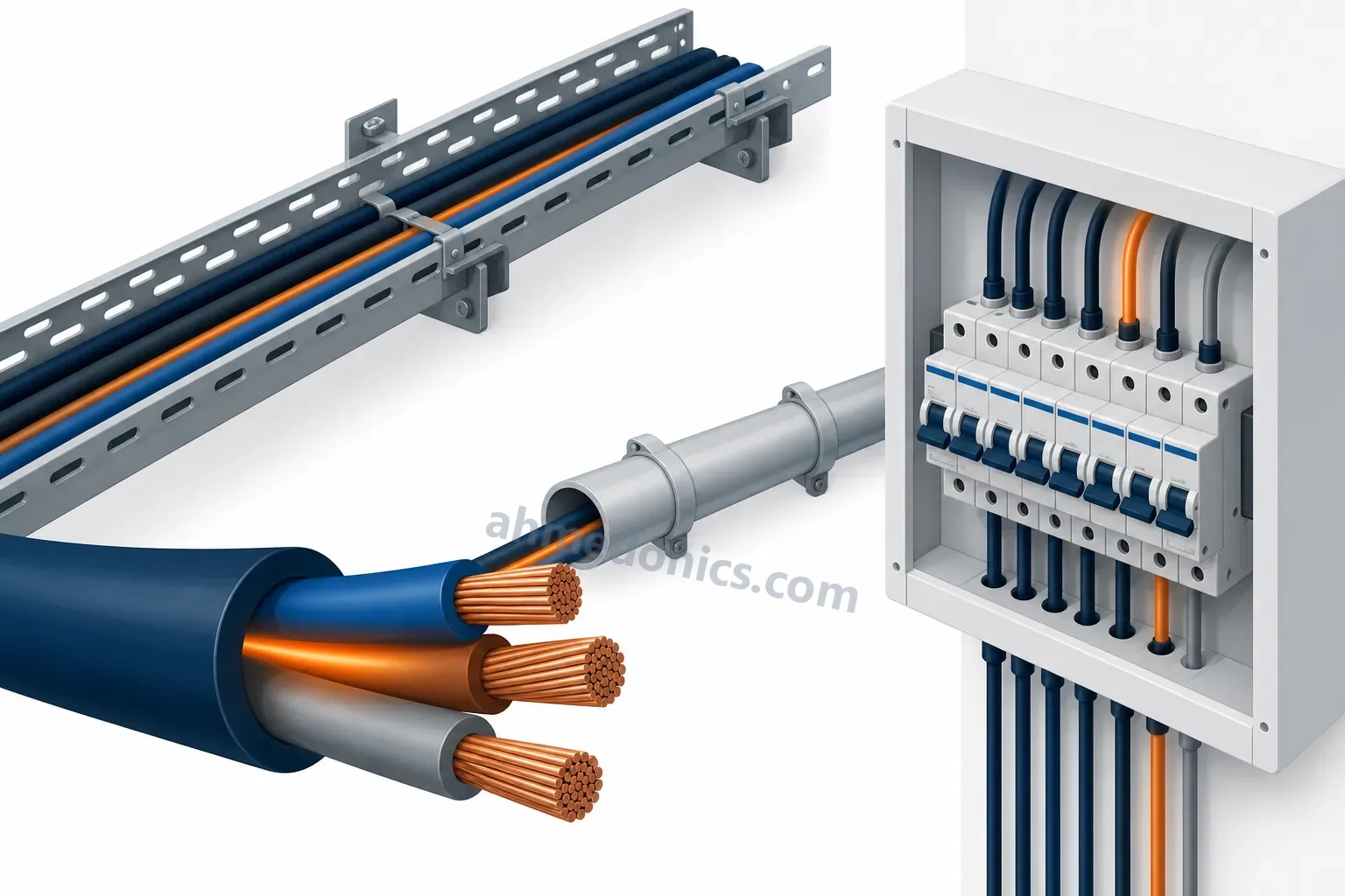 Illustration of a cut multicore cable showing its copper conductors, cables on a tray and in a conduit, and a distribution board of miniature circuit breakers