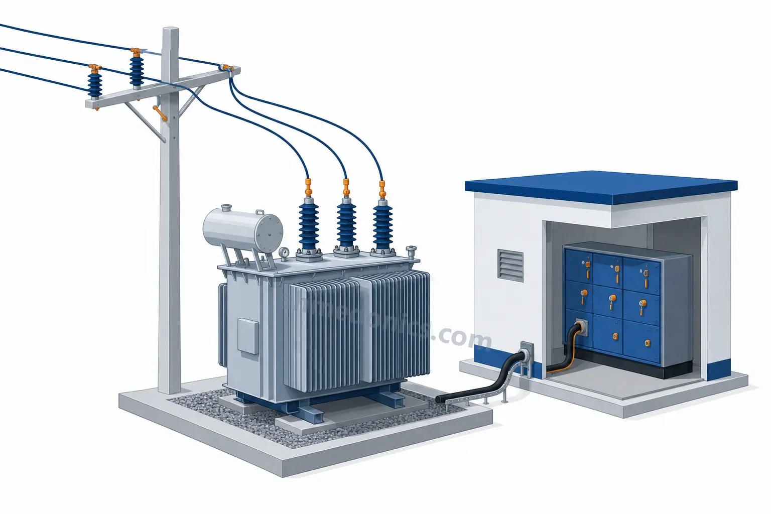 Illustration of a ground-mounted distribution transformer fed from an overhead 11 kV line, with a low-voltage cable running to a switchboard in a small substation building