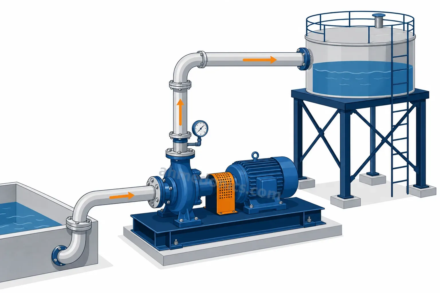 Illustration of a centrifugal pump coupled to an electric motor on a baseplate, drawing from a tank and discharging up to an elevated water tank