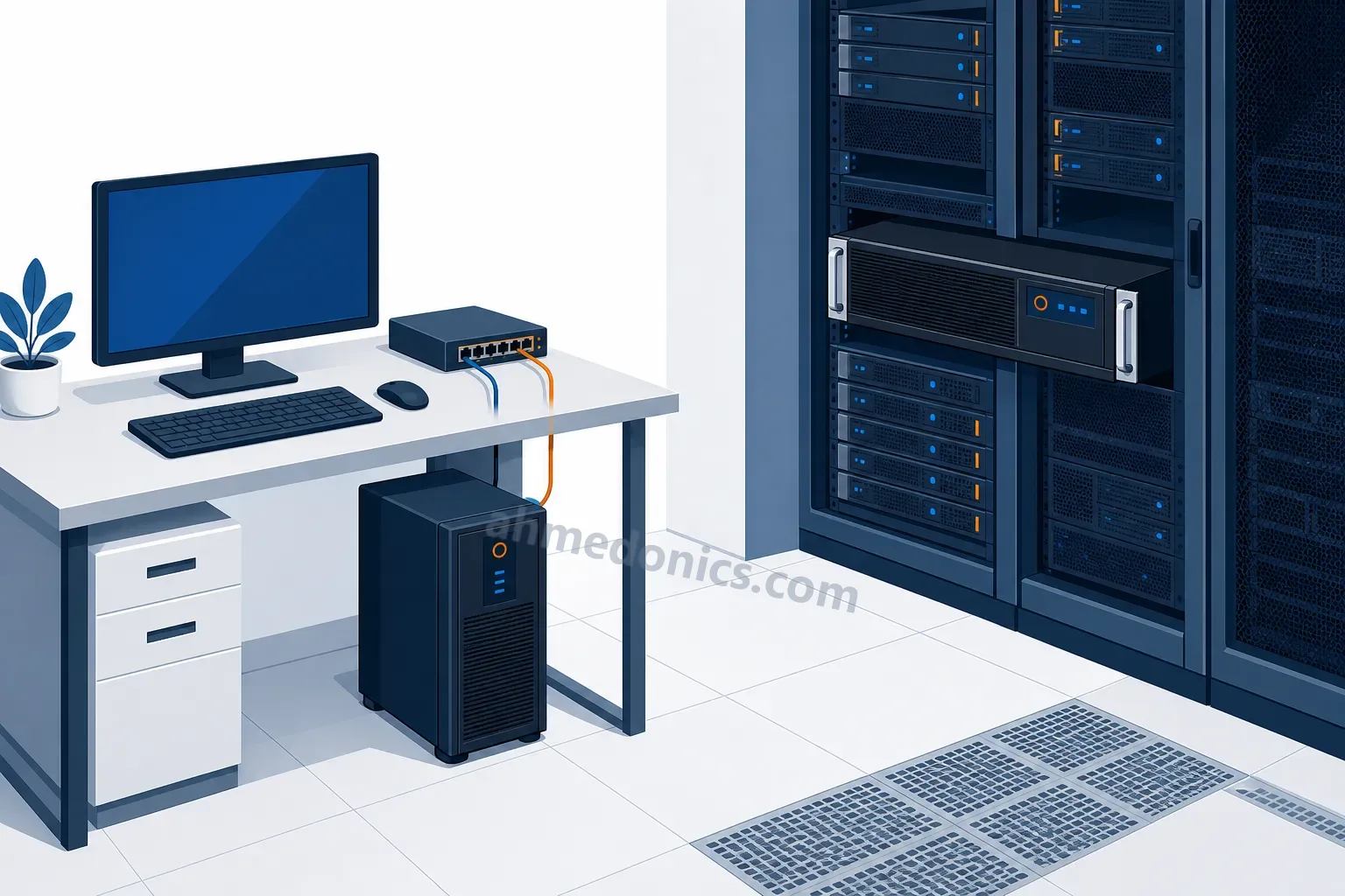 Illustration of a tower UPS under a desk with a computer, monitor and network switch plugged into it, and a rack-mounted UPS with a server rack in a small server room behind