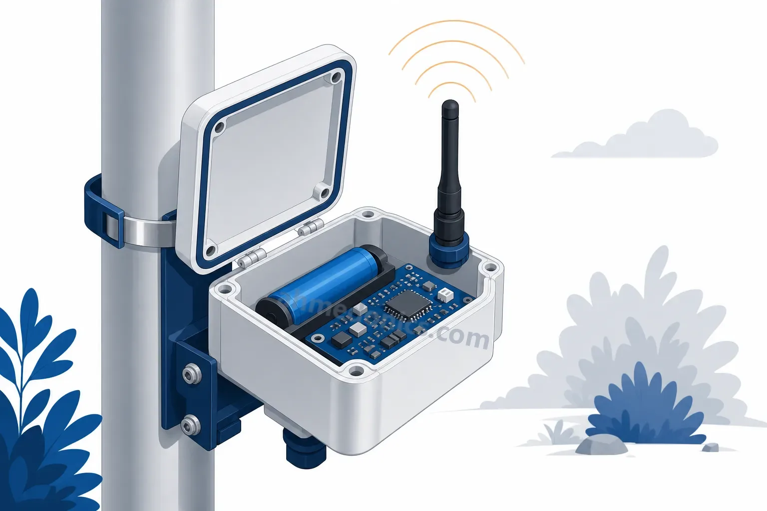 Illustration of a small weatherproof sensor node on a pole with its lid open to show a lithium battery and a circuit board, and a faint radio-wave arc from its antenna