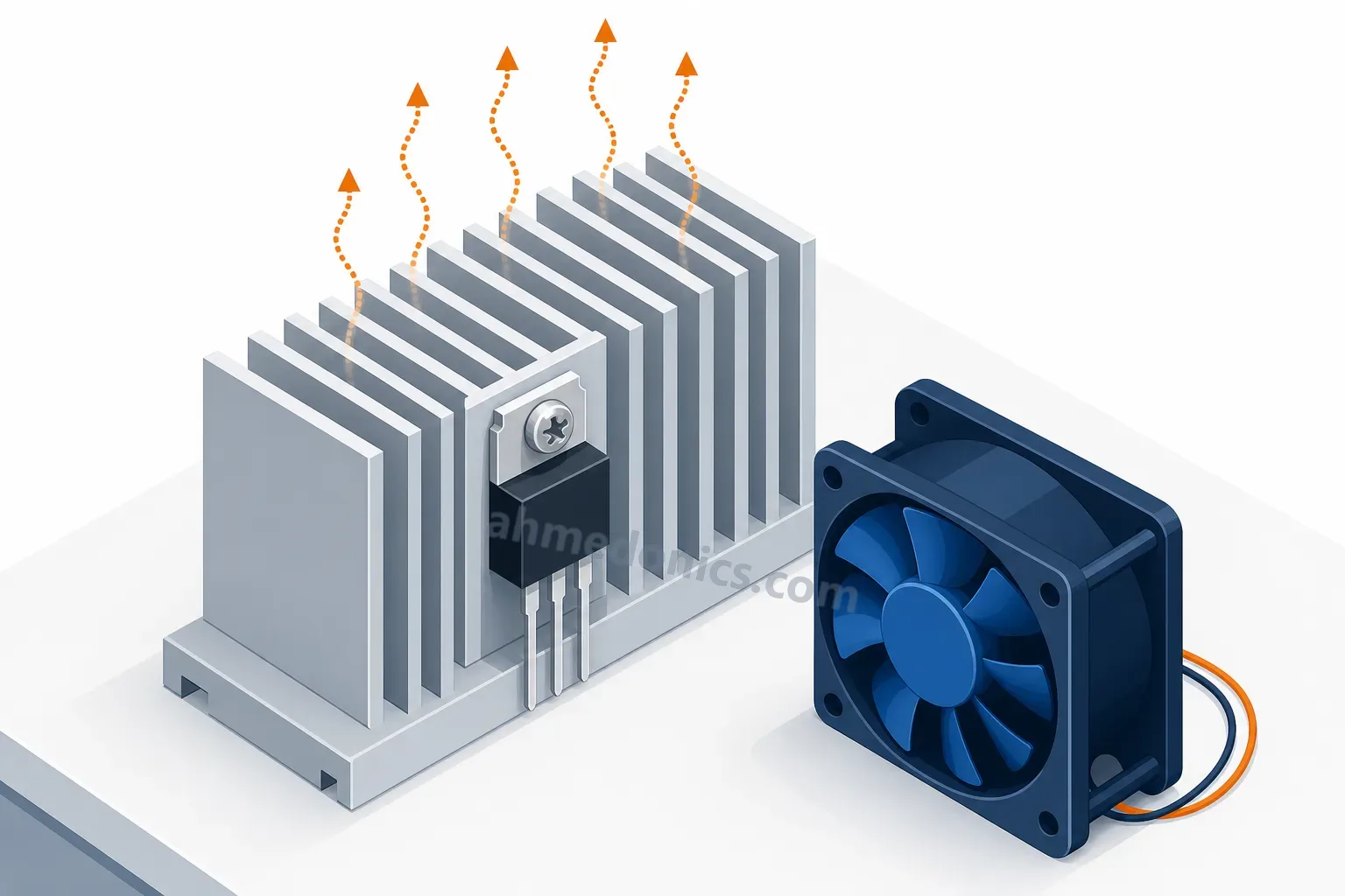 Illustration of a finned aluminium heat sink with a power transistor bolted to it, a small fan beside it and faint heat waves rising from the fins