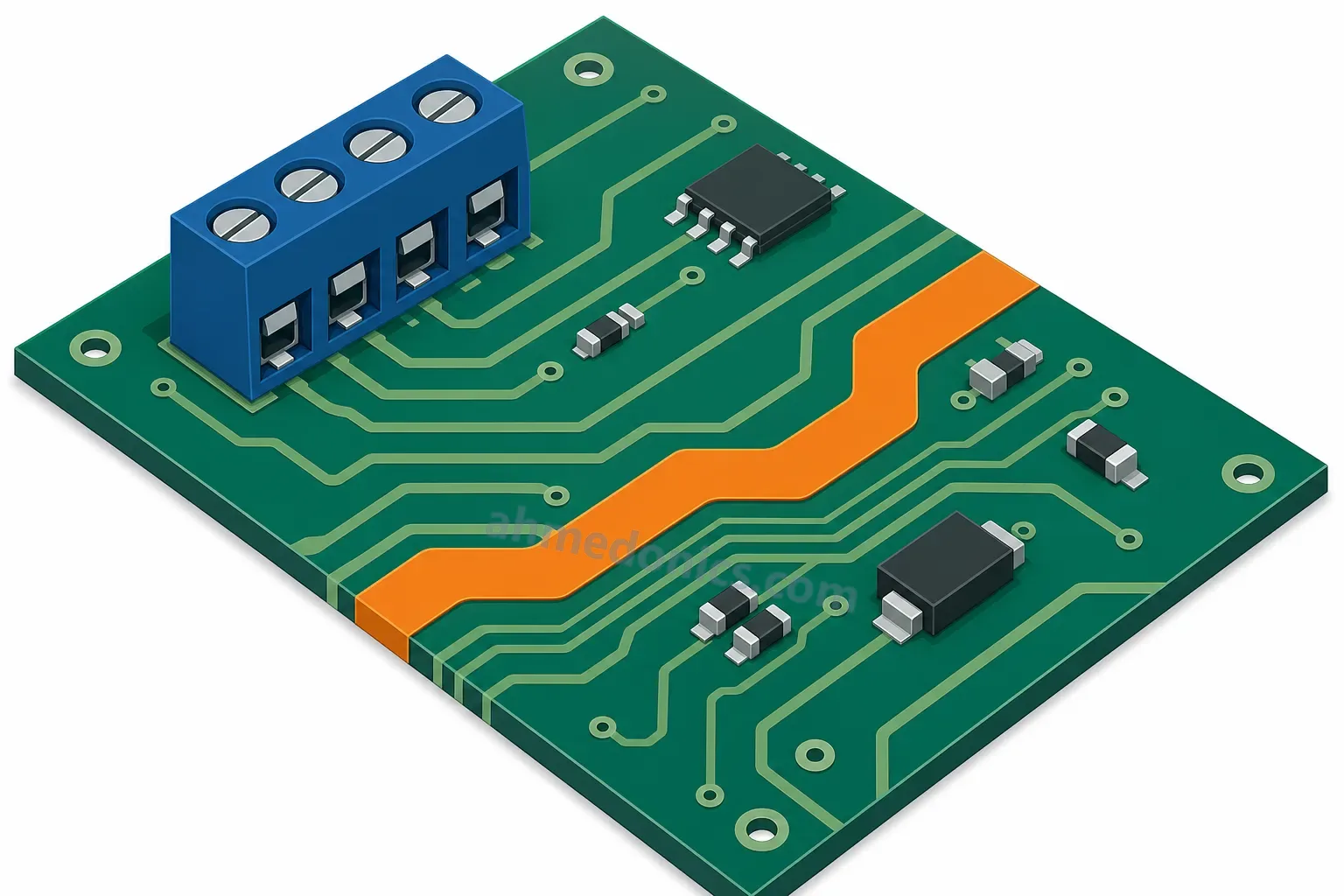Close-up illustration of a green printed circuit board with copper traces of different widths, one wide power trace highlighted in orange, a few surface-mount parts and a screw terminal