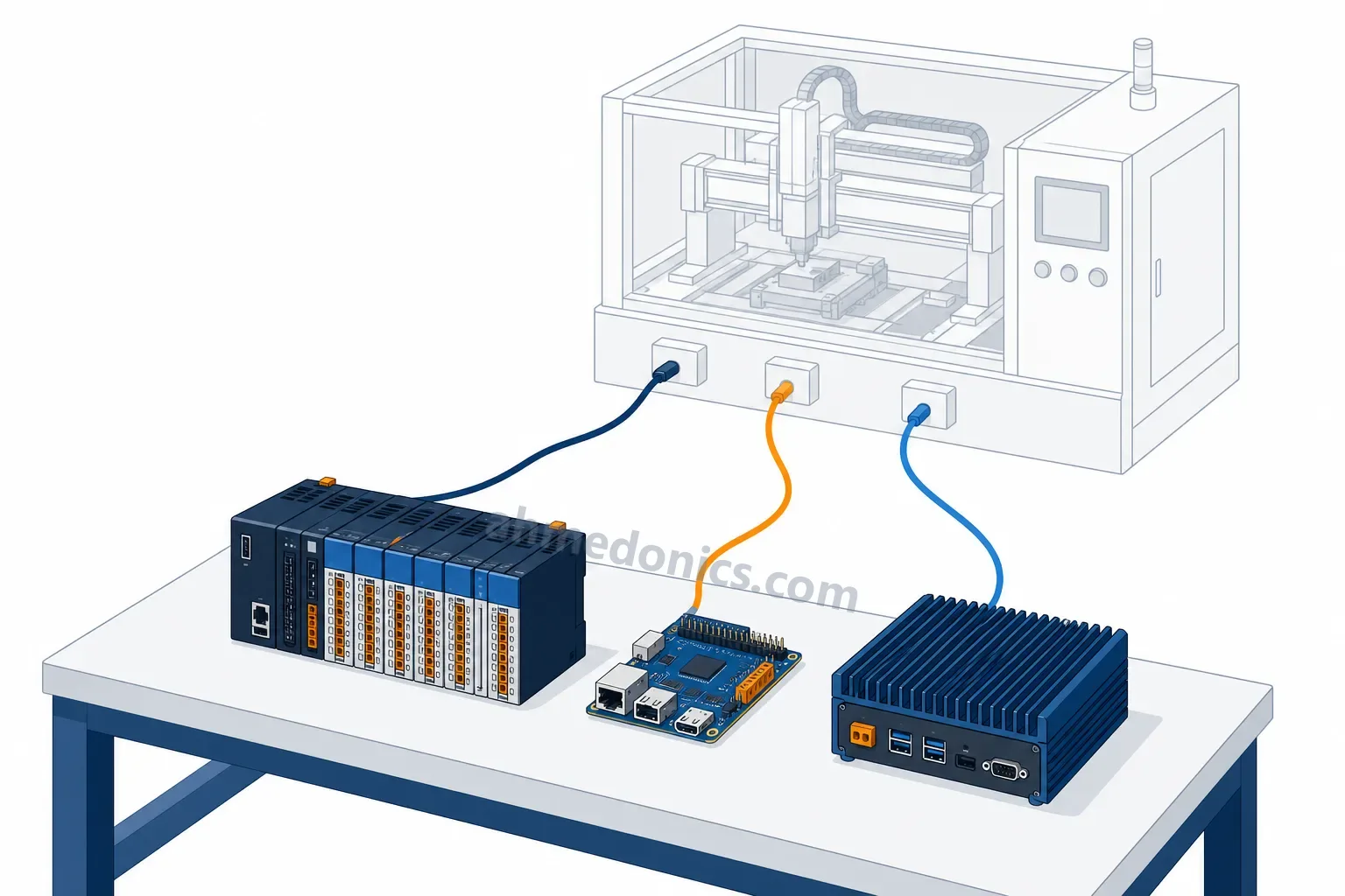 Illustration of a modular PLC with I/O cards, a small custom microcontroller board and a fanless industrial PC on a bench, each cabled to the same machine outline