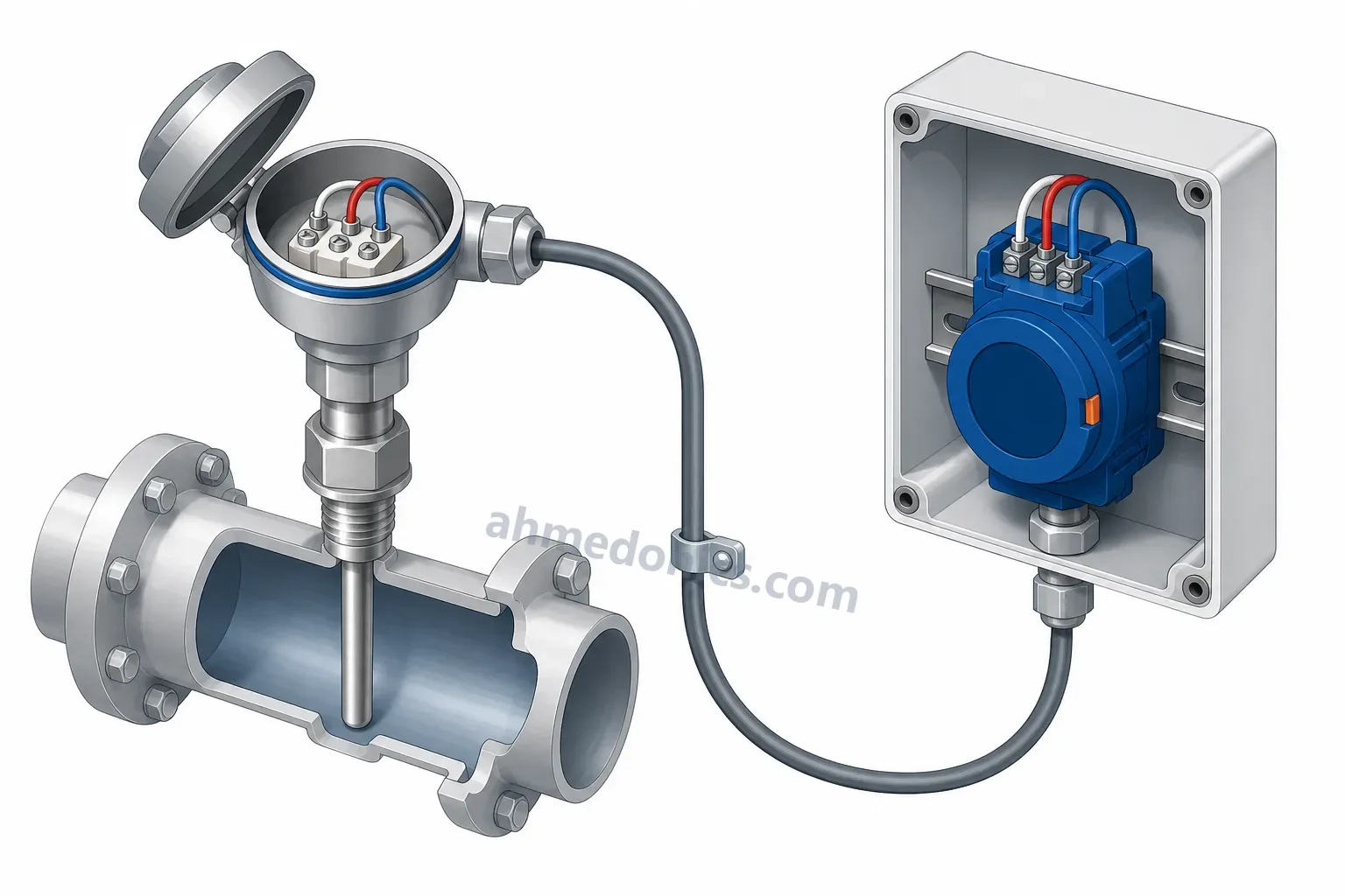 Illustration of a stainless steel PT100 probe with its connection head open to show three wires on a terminal block, mounted in a pipe with its cable running to a transmitter