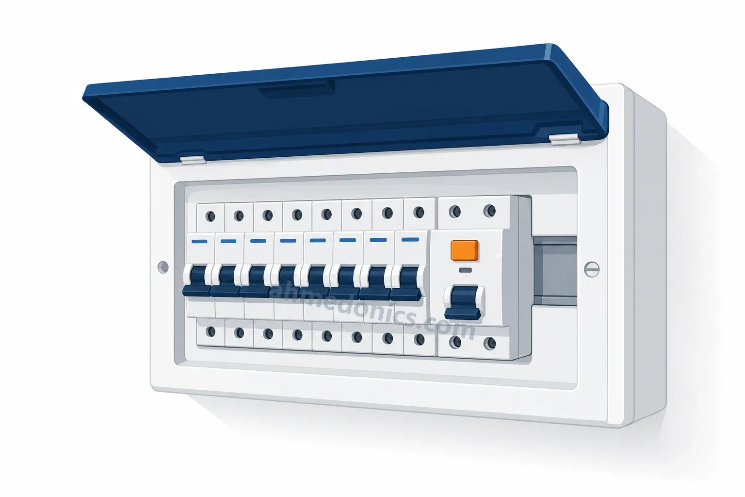 Illustration of an open consumer unit with a row of miniature circuit breakers and a larger residual current device with its test button highlighted