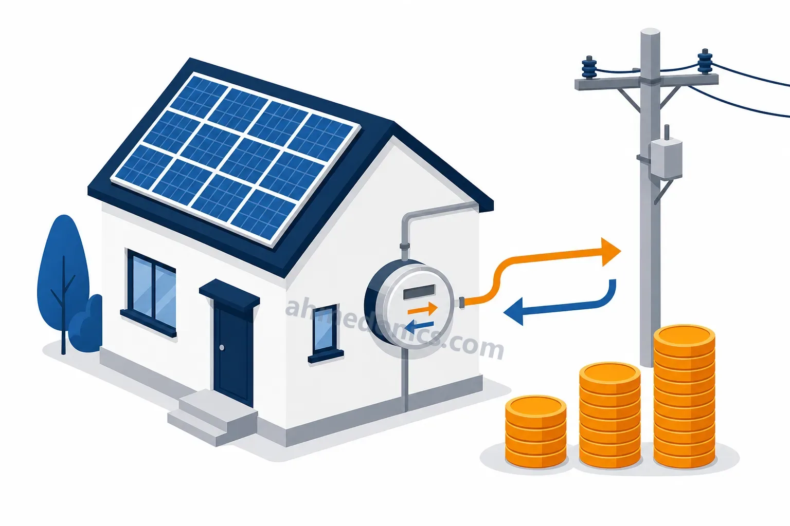 Illustration of a house with a rooftop solar array, a bidirectional meter on the wall with arrows to and from a grid pole, and a rising stack of coins