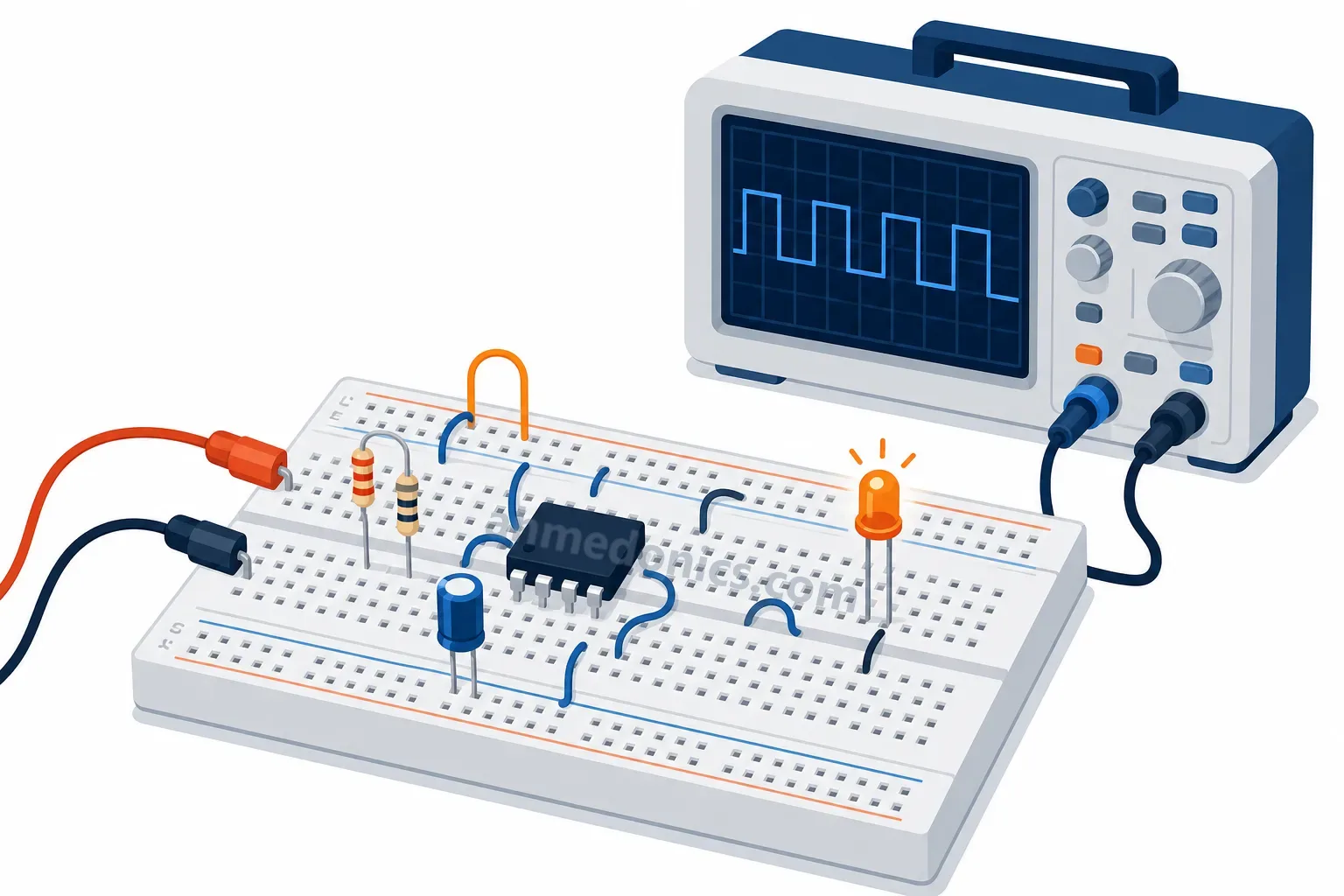 Illustration of a breadboard with an eight-pin timer chip, two resistors, a capacitor and a blinking LED, and an oscilloscope showing a square wave behind