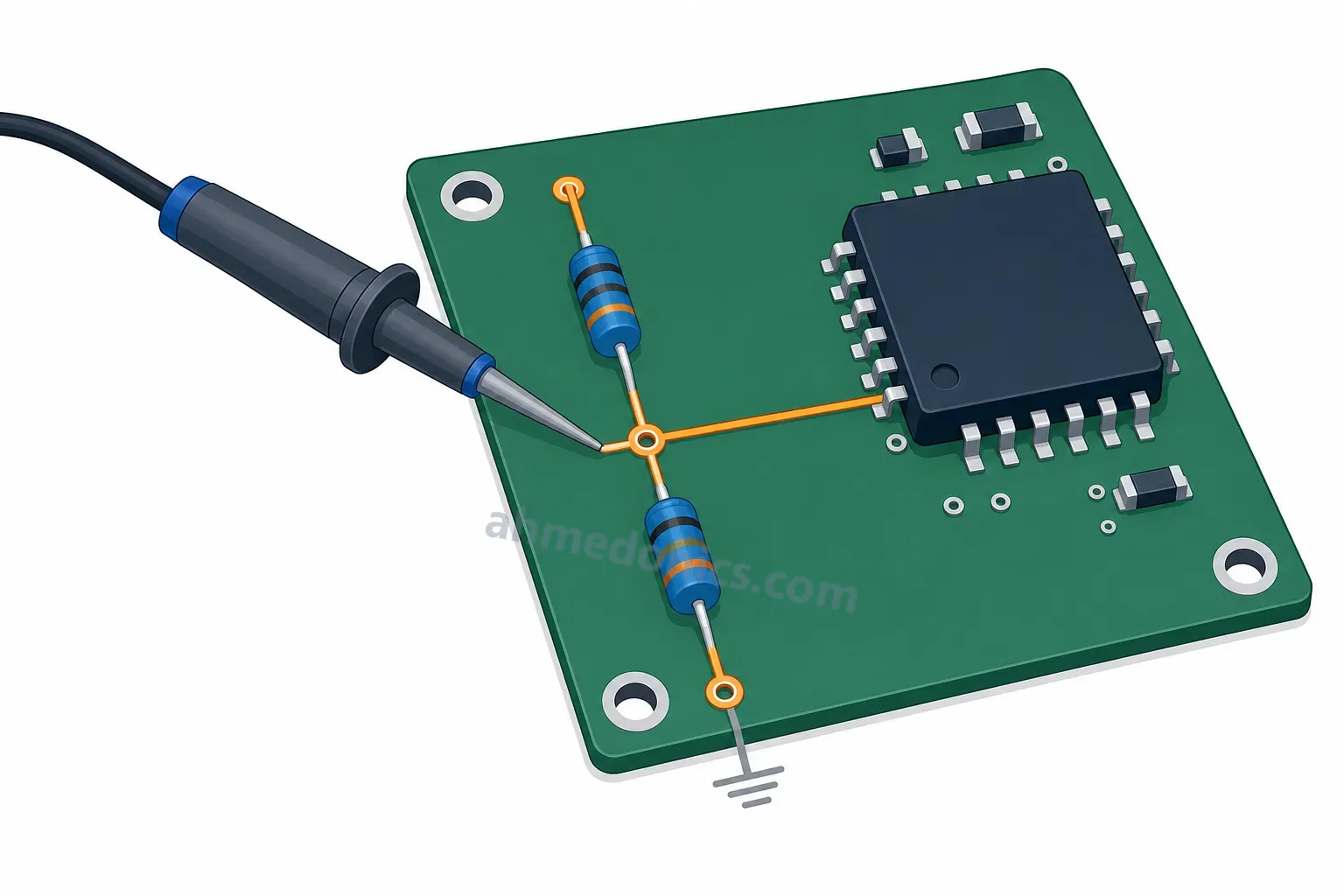 Illustration of a circuit board with two resistors in series feeding a microcontroller pin, with a probe on the junction between them
