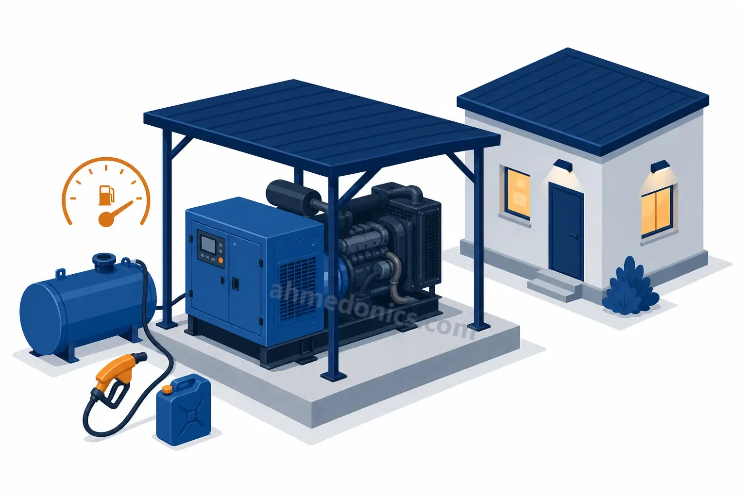 Illustration of a canopied diesel generator on a concrete pad with its fuel tank, a fuel nozzle and jerry can beside it, and a small building with its lights on