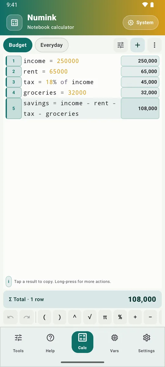 A budget notebook: income, rent, tax as 18% of income and groceries, with savings of 108,000 worked out on the last row