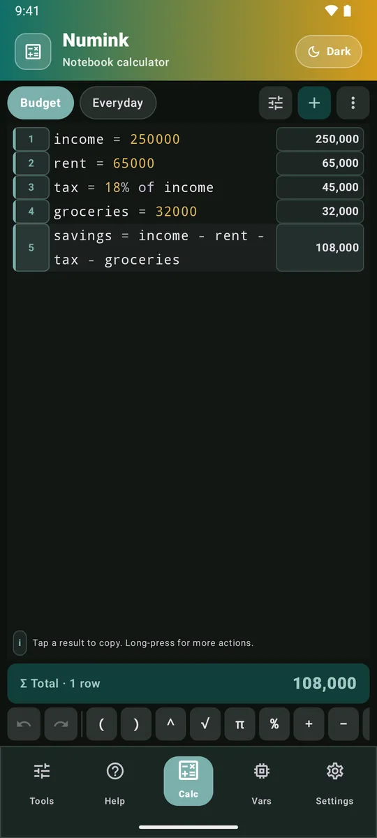 The same budget notebook in the dark theme