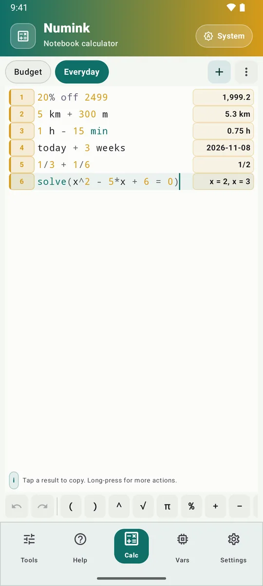 Numink notebook: 20% off 2499 gives 1,999.2, 5 km + 300 m gives 5.3 km, 1/3 + 1/6 gives 1/2, and solve finds x = 2 and x = 3