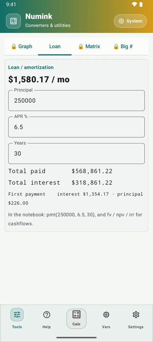 The Loan tool: 250,000 at 6.5% over 30 years is 1,580.17 a month, with total paid and total interest